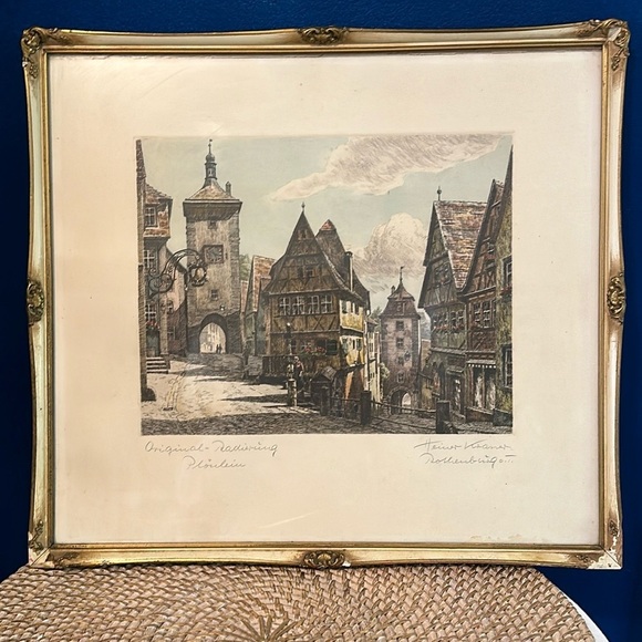 Antique Original Etching of Rothenburg Plonlein by Heiner Krasser. Pencil Signed - Picture 1 of 8